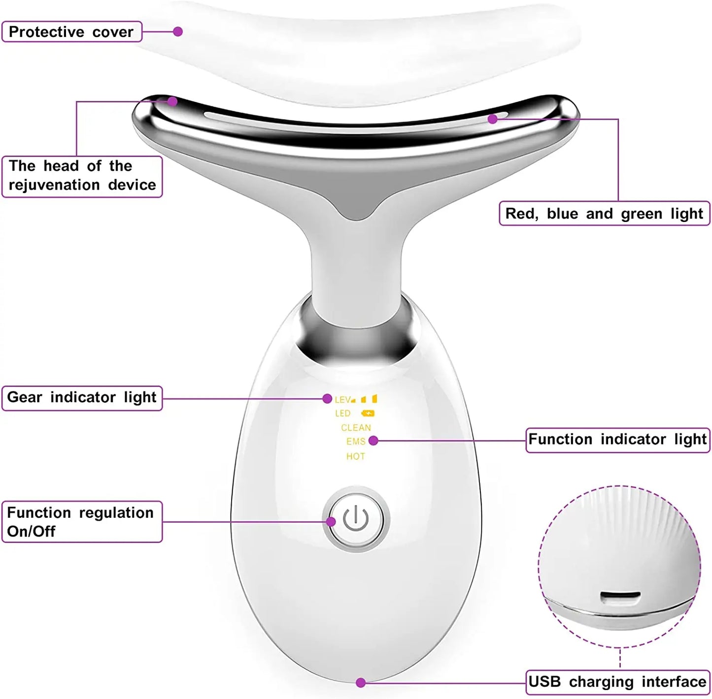 3-Color LED Skin Rejuvenation Device - Facial & Neck Massager Beauty Machine Acne Brightening Firming Massager