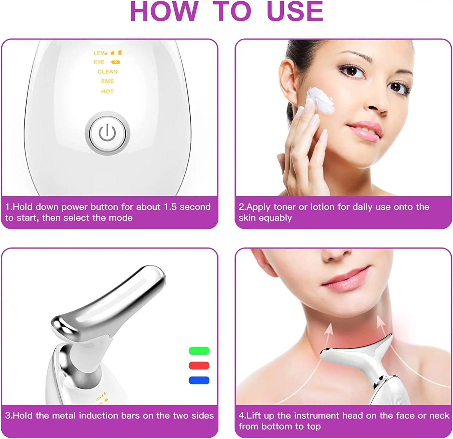 3-Color LED Skin Rejuvenation Device - Facial & Neck Massager Beauty Machine Acne Brightening Firming Massager