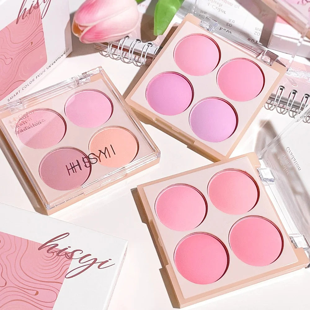 4-color matte blush, peach pink, coral blush powder, Korean low saturation soft fog blush, can lighten, create three-dimensional