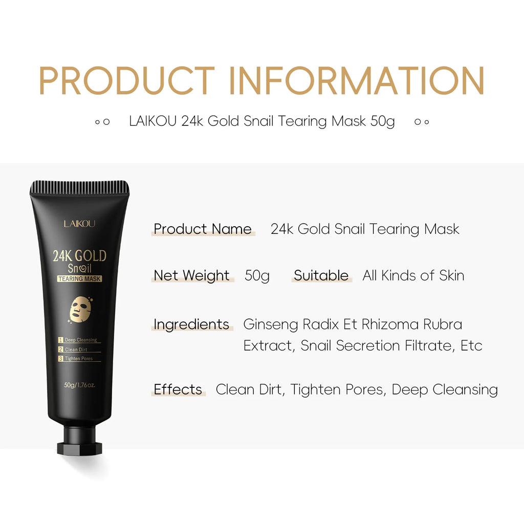 LAIKOU 24K Gold Snail Collagen Peel Off Tearing Face Mask Deep Cleansing Remove Blackhead Face Care 50g