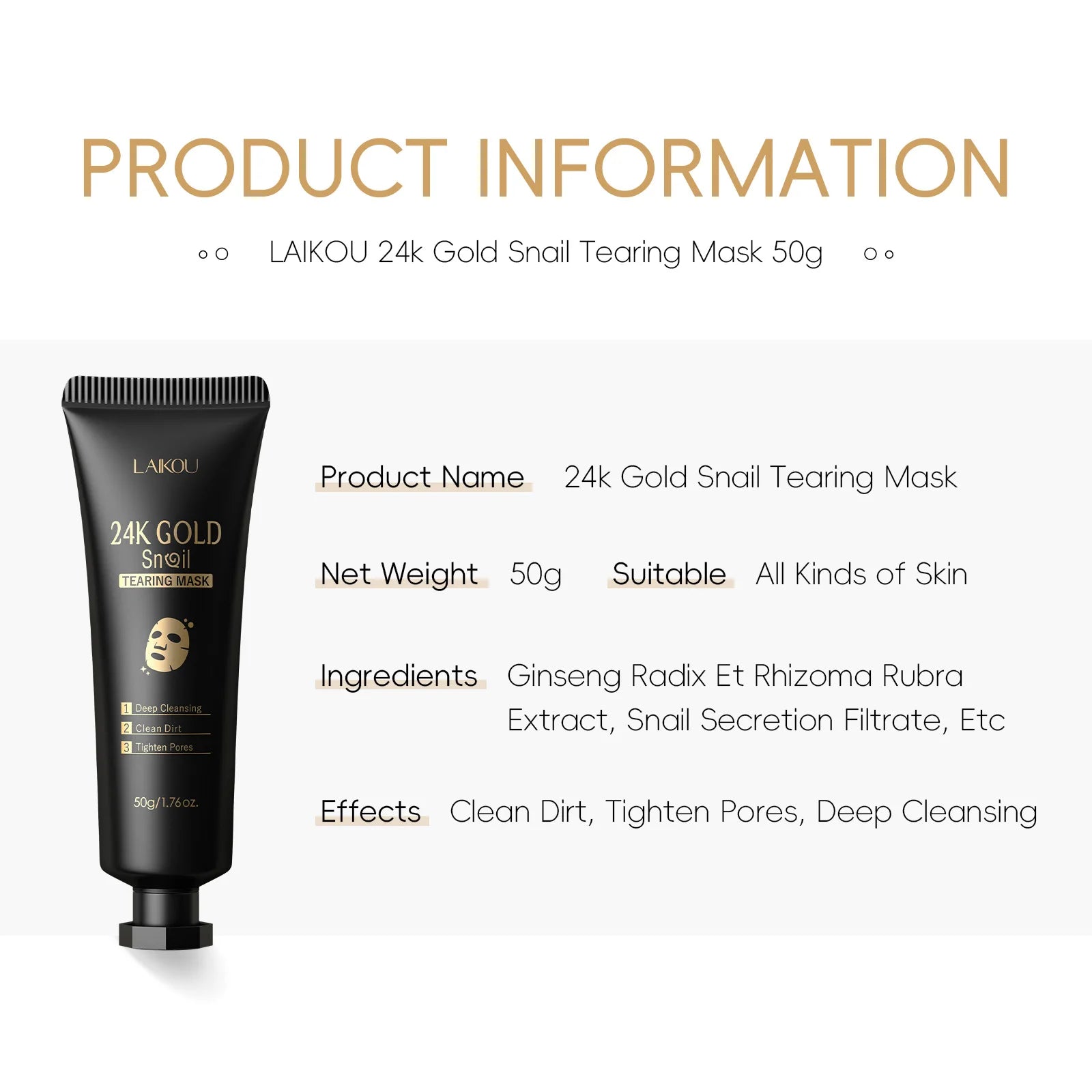 LAIKOU 24K Gold Snail Collagen Peel Off Tearing Face Mask Deep Cleansing Remove Blackhead Face Care 50g