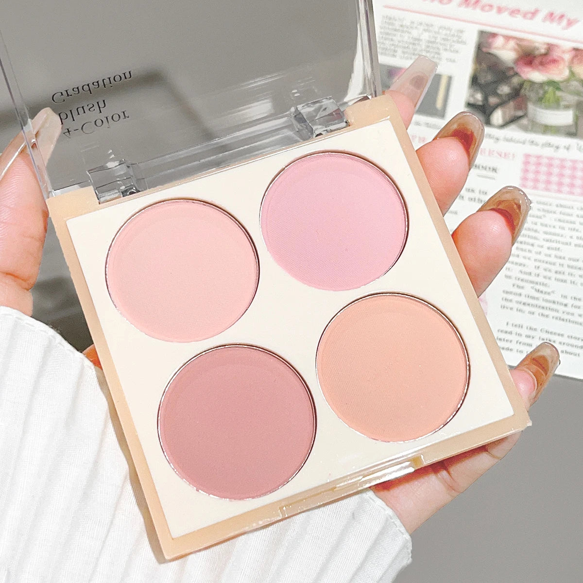 4-color matte blush, peach pink, coral blush powder, Korean low saturation soft fog blush, can lighten, create three-dimensional