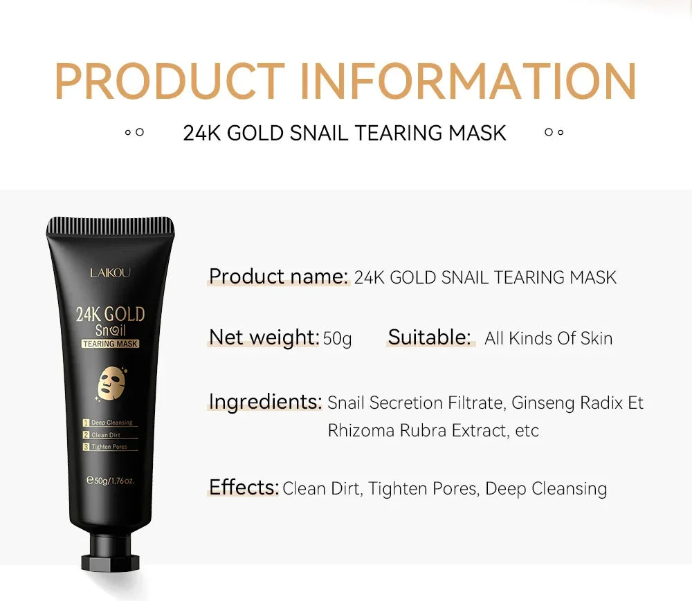 LAIKOU 24K Gold Snail Collagen Peel Off Tearing Face Mask Deep Cleansing Remove Blackhead Face Care 50g