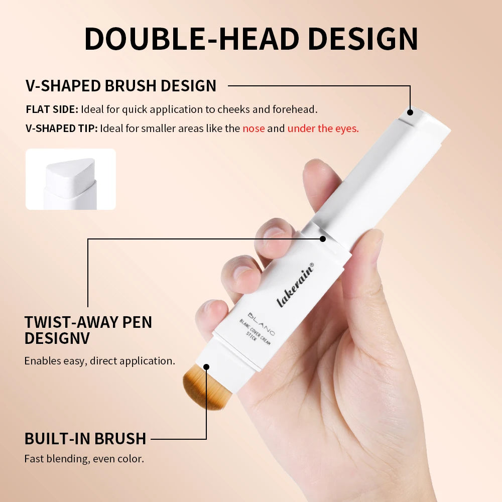 Lakerain Color Changing Foundation Stick Full Coverage Matte Finish Dual-Ended Brush & Stick Waterproof Smooth Foundation Makeup