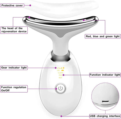 3-Color LED Skin Rejuvenation Device - Facial & Neck Massager Beauty Machine Acne Brightening Firming Massager