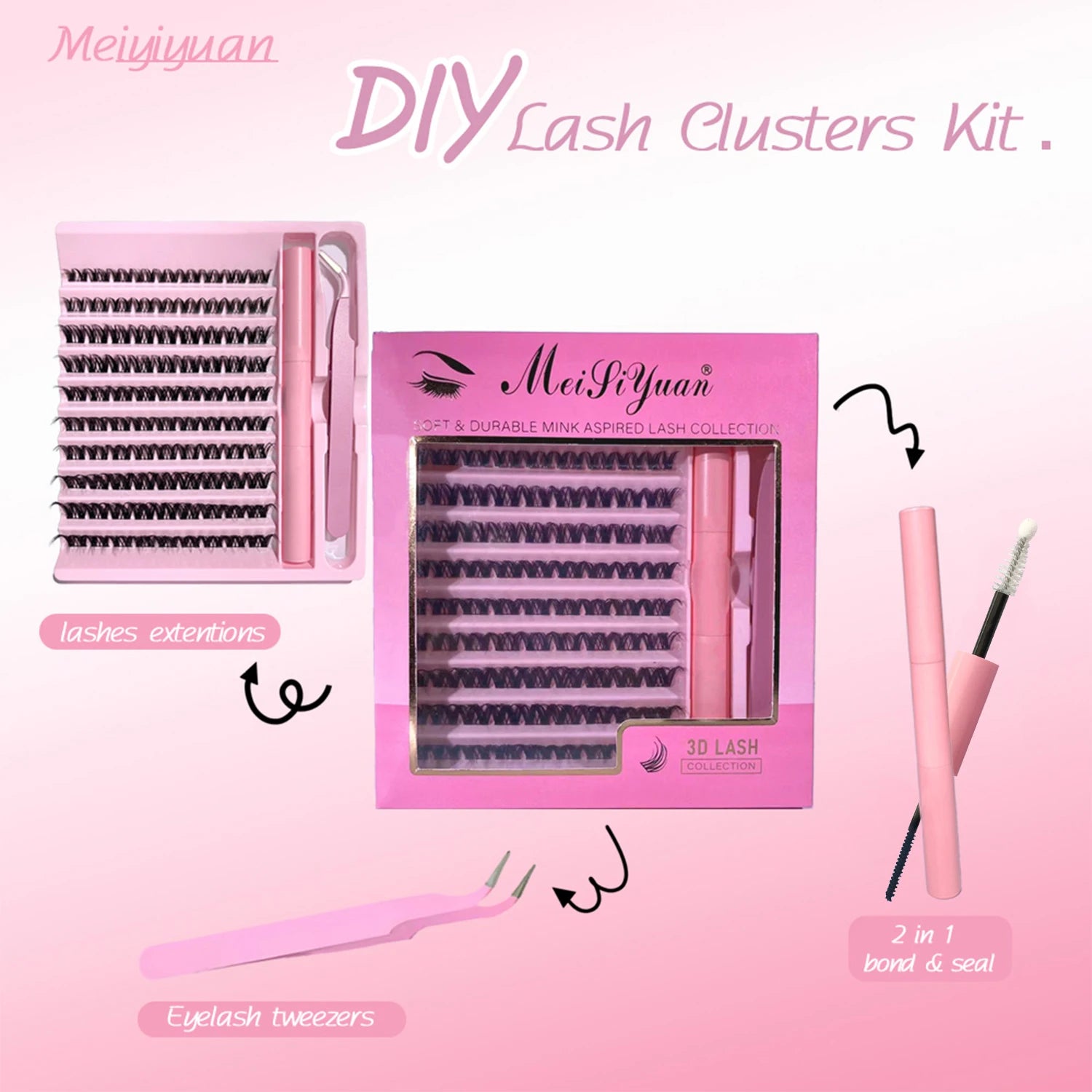 10 Rows Lash Clusters Kit - 30D DIY Eyelash Extensions Kit with Tweezers, 2 in 1 Bond & Seal Glue for Natural Volume Look