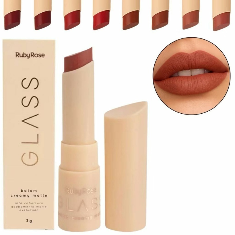 Batom Creamy Matte Glass Ruby Rose - 8 Cores Intensas com Alta Pigmentação e Acabamento Aveludado